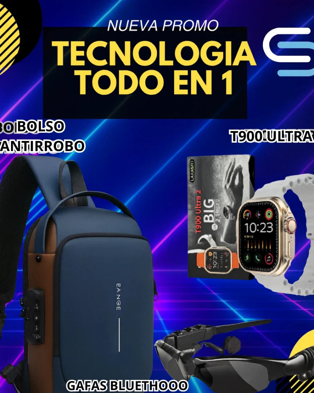 COMBO BOLSO ANTIROBO+RELOJ T900+GAFAS BLUETOOTH